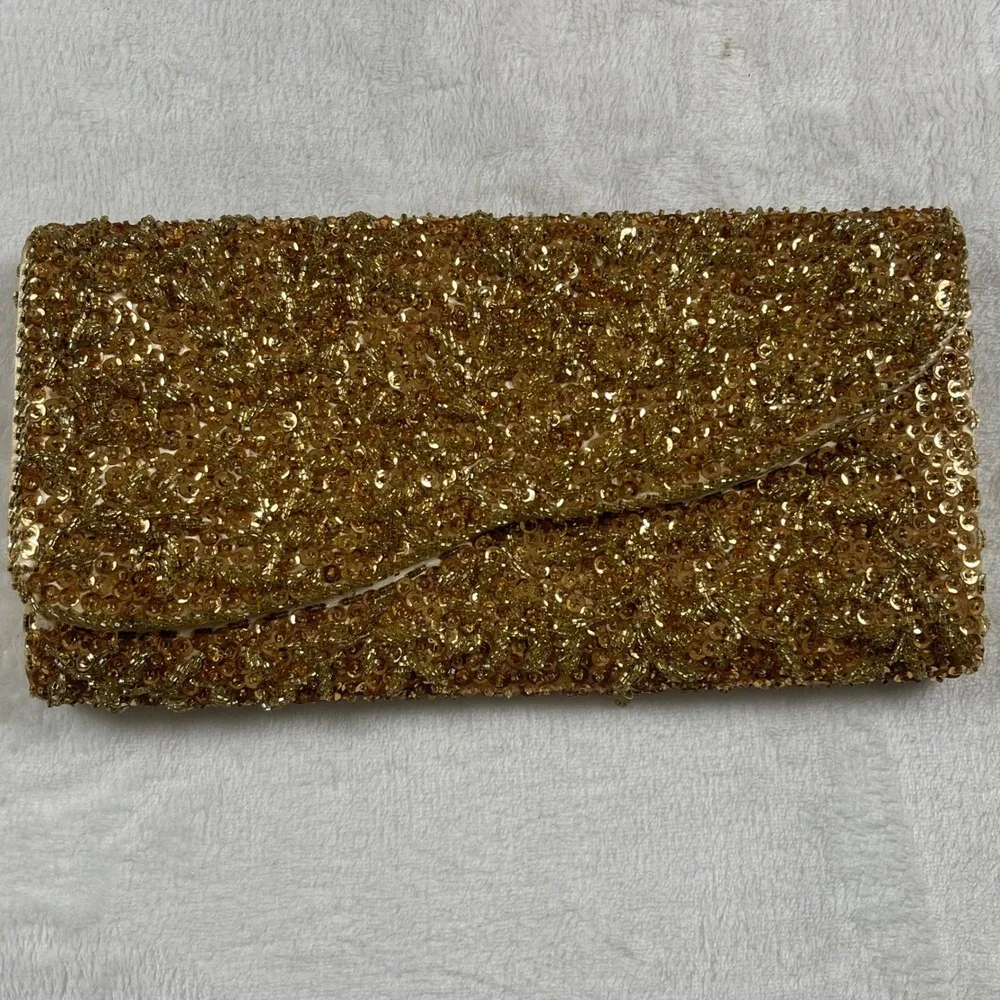 La Regale Ltd Vintage Gold Sequined Clutch Handmade Hong Kong Evening Bag Damage